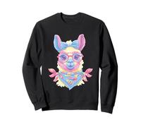 Cute Llama Portrait Animal Lover Graphic Pink Glasses Blue Sweatshirt