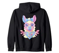 Cute Llama Portrait Animal Lover Graphic Pink Glasses Blue Zip Hoodie