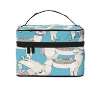Cute Llama -Print Waterproof Large Cosmetic Bag for Travel & Gym, Makeup Organizer with 4 Elastic Straps & Compartments,Premium Twill Fabric.