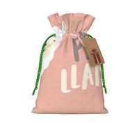(Cute Llama) Printed Christmas S Size Gift Bags with Green Ribbon Drawstring Candy Bags for Kids Xmas Holiday Christmas Eve Presents