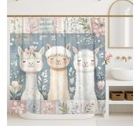 Cute Llama Shower Curtain, Pastel Blue Peach Floral Bathroom Decor, Spring Summer Playful Kids Waterproof Fabric Shower Curtain with Hooks 72x84 Inch