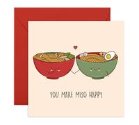 Cute Love Card - "You Make Miso Happy" - Anniversarry or Valentines Day Greeting for Him, Her, Wife, Husband, Girlfriend, Boyfriend, Fiance, Women, Men, Couples - Ramen Bowl Pun - Comes with Stickers