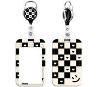 Cute Love Heart Badge Reel with ID Holder Aesthetic Preppy School Teachers ID Badge Holder Work Heavy Duty Retractable Reel Clip for ID Badge Keys for Women Men Kids Teens Nurses(Black & Beige Plaid)