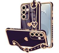Cute Love Heart Case for Samsung Galaxy A16 with Little Love Hearts Wristband Ring Holder Stand Glossy Finish Gold Plated Frame for Women Glitter Shockproof TPU Cover for Galaxy A16 Dark Purple