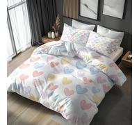Cute Love Heart Double Bed Duvet Cover Set 3 Piece with 2 Pillowcases, Girls Rainbow Heats Patterned Bedroom Decor Bedding, Soft Microfibre Quilt Cover with Zip JY-306