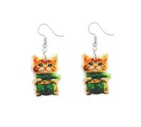 Cute Lucky Cat Four Leaf Clover Dangle Earrings for Women Acrylic Animal Kitten Dangling Drop Earring Fashion Festival Party Accessories Irish Good Luck Charm Jewelry for St. Patrick's Day