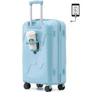 Cute luggage for carry-on luggage with USB charging port, cup holder , cute, quiet , ultra-lightweight, impact-resistant, equipped with TSA lock, zippered travel bag with hidden hook, suitable for 2