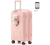 Cute luggage for carry-on luggage with USB charging port, cup holder , cute, quiet , ultra-lightweight, impact-resistant, equipped with TSA lock, zippered travel bag with hidden hook, suitable for 2