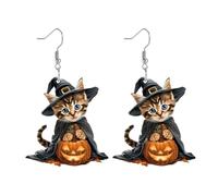 Cute Magic Cat Pumpkin Acrylic Dangle Drop Cartoon Earrings for Women Lightweight Statement Creative Witches Hat Animal Hook Earring Funny Halloween Costume Party Holiday Festive Jewelry Gifts