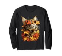 Cute Maine Coon with Sunglasses Autumn Leaves Fall Cat Long Sleeve T-Shirt