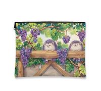 Cute Makeup Bag, Hedgehogs with Grapes Fanciful Cosmetic Travel Pouch for Women, Portable Small Canvas Zipper Organizer, Gift for Festival, Green, 7x9 Inch