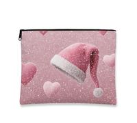 Cute Makeup Bag, Peach Hearts and Santa Hat Design Cosmetic Travel Pouch for Women, Portable Small Canvas Zipper Organizer, Holiday Skincare Toiletry Bag, Peach, 7x9 Inch, Hearts
