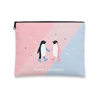 Cute Makeup Bag, Peach Penguins Christmas Cosmetic Travel Pouch for Women, Portable Small Canvas Zipper Organizer, Holiday Toiletry Bag 7x9 Inch