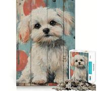 Cute Maltese Dog Portrait on Wood Panel Jigsaw Puzzle for Adults 1000 Pieces Cognitive Train Clear Tone Pattern Assemble Birthday Art Gift (50x75cm)