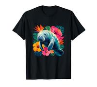 Cute Manatee with Tropical Flowers Ocean Vibes T-Shirt