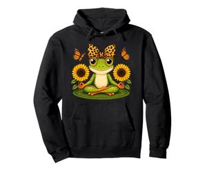 Cute Meditating Frog Leopard Print Bow Butterfly Sunflower Pullover Hoodie