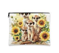 Cute Meerkat Makeup Bag, Sunflower Pattern Cosmetic Travel Pouch for Women, Portable Small Canvas Zipper Organizer, Summer Gift Toiletry Bag, White, 7x9 Inch, Pouch
