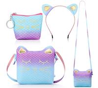 Cute Mermaid Cat Crossbody Bag - Gradient Little Girls Purses with Cat Ears Headband & Mini Coin Wallet for Kids & Toddlers