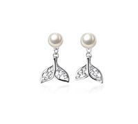 Cute Mermaid Tail Pearl Stud Earrings Sterling Silver for Women Girls Dainty CZ Crystal Wedding Earring Studs Hypoallergenic Fashion Jewelry Gifts for Bridesmaids