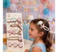 Cute Mermaid Tail & Seashell Starfish Hair Clips 7Pcs, Pink Acetate Hair Barrettes, Premium Ocean Style Side Clips Bangs Hair Accessories for Girls