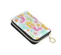 Cute Mermaids Pink Yellow Womens Wallets Zip Around Cute Card Holder Wallets RFID Blocking Leather Zipper Coin Purse with Key Ring