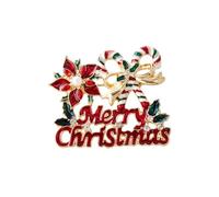 Cute Merry Christmas Bow Cane Flower Brooch Pin Red Green Enamel Rhinestone Brooches Lapel Pins for Women Dresses Suit Festival Decorations Cloth Accessories Jewelry Party for Bff