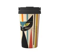 Cute Mid-Century Modern Art Cat, Insulated Coffee Mug â€“ 17oz Double Wall Vacuum Stainless Steel Tumbler Cup with Leak-Proof Lid & Handle, Fashion Portable Travel Thermos Mug for Cold & Hot Drinks