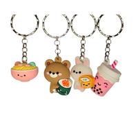 Cute Mini Keychains Set, 4 Food Theme Charms with Bear, Bunny, Sushi, Bubble Tea