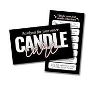 Cute Modern Candle Care Cards for candle makers - 2 x 3.5 Inches, High gloss full color front and back - 55 pack - Business Card size (Black)