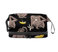 Cute Monkey and Banana Peel Leftover Double Layer Cosmetic Bag for Women and Girls, Travel Toiletry Bag Makeup Handy Pouch Organiser Bag with Brush Compartment