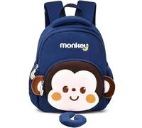 Cute Monkey Backpack with Tail, 12'' Cute Cartoon Animal Daypack for Boys Girls, Kawaii Embroidery Nylon Zipper Schoolbag for Kids School & Outings (Blue)