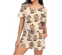Cute Monkey Banana Print Womens Pyjamas Sets Short Sleeves, Ladies Pajamas Pjs Set Loungewear with Pocket Size S