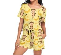 Cute Monkey Banana Womens Pyjamas Sets Short Sleeves, Ladies Pajamas Pjs Set Loungewear with Pocket Size S
