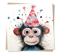 Cute Monkey Birthday Card - Painting of Monkey and Party Hat - Blank Greetings Card - Made in UK