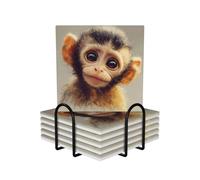 (Cute Monkey) Ceramic Coasters for Drinks Set of 6 with Cork Base and Holder Drink Coaster for Table Protection Kitchen Bar Home Decor Gift for Housewarming Wedding Square