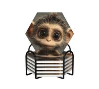 (Cute Monkey) Ceramic Coasters for Drinks Set of 6 with Cork Base and Holder Drink Coaster for Table Protection Kitchen Bar Home Decor Gift for Housewarming Wedding Hexagon