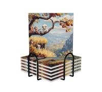 (Cute Monkey) Ceramic Coasters for Drinks Set of 6 with Cork Base and Holder Drink Coaster for Table Protection Kitchen Bar Home Decor Gift for Housewarming Wedding Square