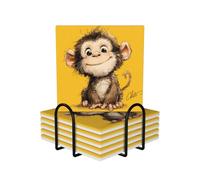 (Cute Monkey) Ceramic Coasters for Drinks Set of 6 with Cork Base and Holder Drink Coaster for Table Protection Kitchen Bar Home Decor Gift for Housewarming Wedding Square