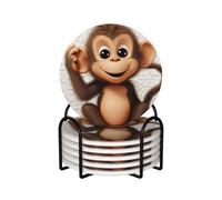 Cute Monkey Coasters Set of 6 Ceramic Coaster with Holder Absorbent Coasters for Drinks Heat Resistant Coffee Table Coasters Cup Pad for Kitchen Office Home Decoration