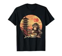 Cute Monkey Eating Ramen Pagoda Sunset Monkey Noodle Art T-Shirt