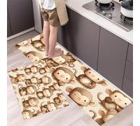 Cute Monkey Kitchen Rugs Sets of 2 Non Slip Washable Cartoon Pattern Kitchen Rugs and Mats Runner Rug Floor Carpet for Laundry, Hallways, Floor 43x75cm+43x120cm Brown