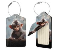 Cute Monkey Luggage Tag for Suitcase PU Leather Suitcase Tag with Stainless Steel Loop and Address Card Baggage Tags Cute Bag Name Travel Tags ID Labels for Women Men, Black, 1