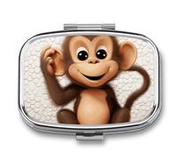 Cute Monkey Pill Box 2 Compartment Portable Travel Pill Case with Mirror Square Metal Medicines Storage Container Pocket Medicine Box to Hold Vitamins Fish Oil