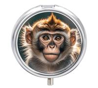Cute Monkey Pill Box 3 Compartment Small Pill Case for Purse Or Pocket Mini Metal Pillcase Medicine Organizer, Round Daily Medicine Container to Hold Vitamins, Fish Oil