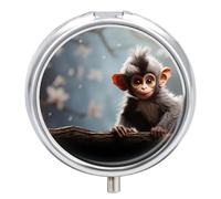 Cute Monkey Pill Organizer 3 Compartment Travel Pillbox with Mirror Daily Medicine Pill Case Metal Pill Box for Purse & Pocket Portable Small Medicine Box Round Vitamin Case Container