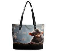 Cute Monkey Tote Bag Large Soft Leather Purse with Zipper Lightweight Ladies Shoulder Handbag