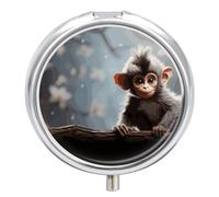 Cute Monkey Travel Pill Box Case 3 Compartment Cute Pill Organizer Metal Pill Holder with Mirror Small Medicine Organizer Daily Pill Container for Purse Pocket Portable Meds Box