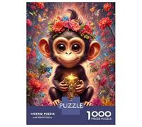 Cute Monkey with Flowers 1000 Piece Jigsaw Puzzle Bundle Jigsaw Puzzle Extra-Thick Cardboard Jigsaw Puzzle Collector Mind Relaxation Office Break Travel 52x38cm/1000pcs