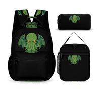 Cute Monster Greencthulhu Backpacks With Lunch Bag Pencil Pen Case Cute Laptop Travel Daypack 3 Piece Set