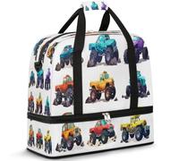 Cute Monster Trucks Cartoon Travel Duffle Bag for Women Men Weekend Overnight Bags Foldable Wet Seperated 47 L Tote Bag for Sports Gym Yoga
